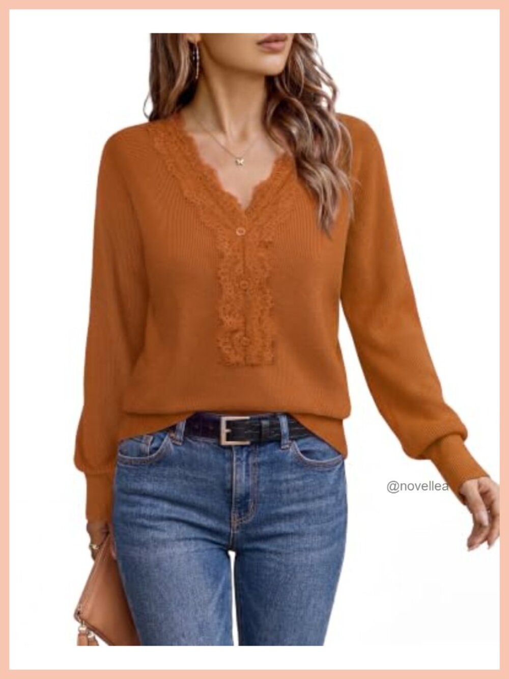 Womens V-Neck Lace Trim Pullover Sweater Long Sleeve Work to Weekend